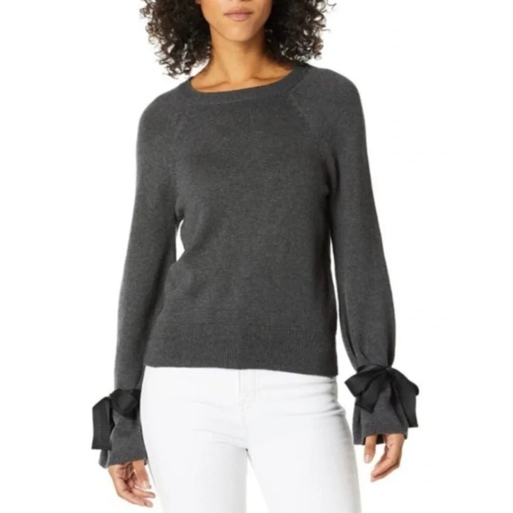 J. Crew Mercantile Small Dark Gray Knit Sweater Black Ribbon on Cuffs